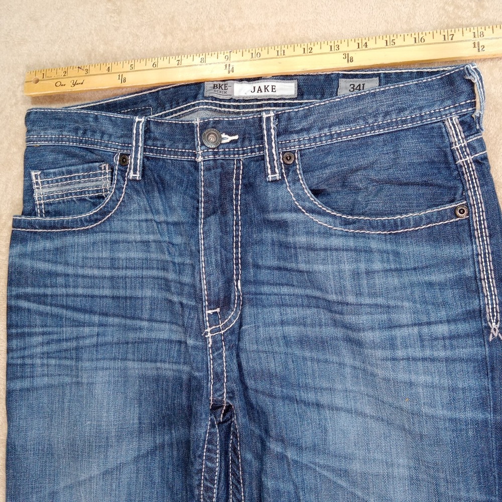 BKE Jake Straight Denim Jeans Men's 34LX33 Blue Distressed - Picture 6 of 15